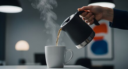 A hand pours hot beverage from a black and silver kettle into a white mug, steam rising, in a modern office setting.