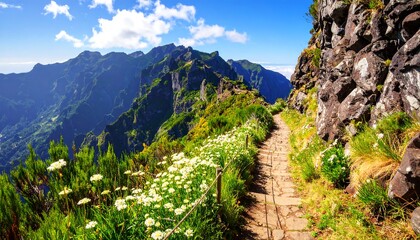 Fototapeta premium Mountain path, wildflowers, scenic view