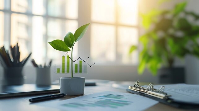 Growing plant symbolizing sustainability and growth in a bright office setting showcasing modern workspace concepts