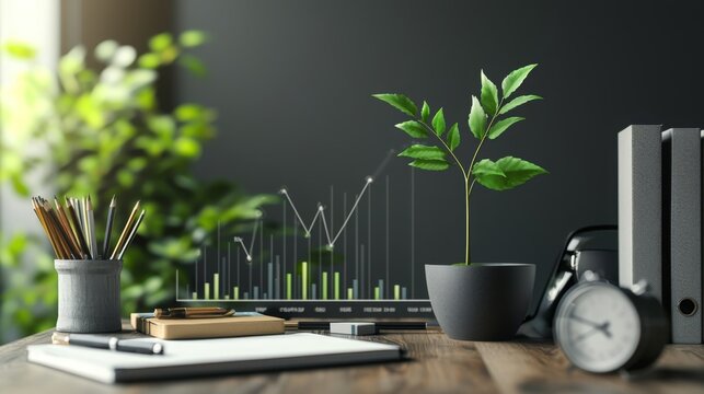 Green plant in a modern office setting with charts and stationery on a wooden desk during daytime