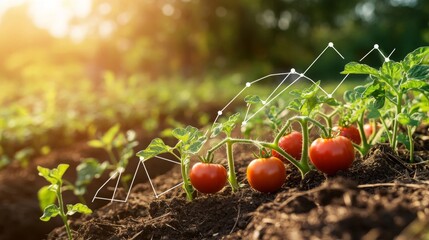 Fresh tomatoes growing in a garden with data visualization illustrating agricultural trends in the afternoon sunlight