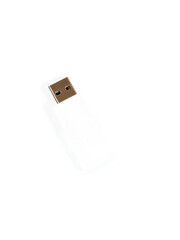 A generic, unbranded white USB drive, isolated on a pure white background. Data, storage.