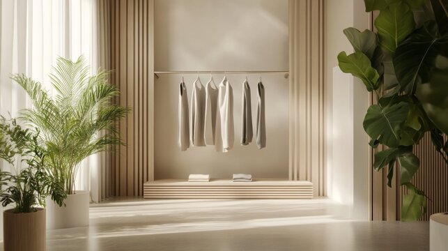 Stylish interior with natural light highlighting hanging clothes in a minimalist space - Powered by Adobe