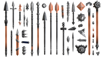 Various spear designs and weaponry elements for fantasy art