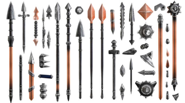 Various spear designs and weaponry elements for fantasy art