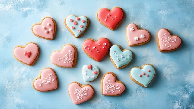 Assorted heart-shaped cookies with pink, red, and blue icing and sprinkles on a light blue background.