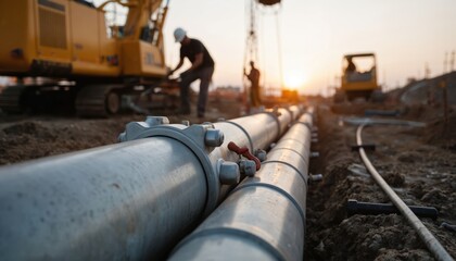 Construction workers install pipelines at industrial site in evening light. Heavy machinery, yellow excavator, safety cones on dirt ground. Engineering project, teamwork for infrastructure