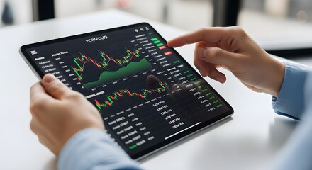 A person's hands using a tablet displaying stock market charts and financial data, indicating analysis or trading activity.