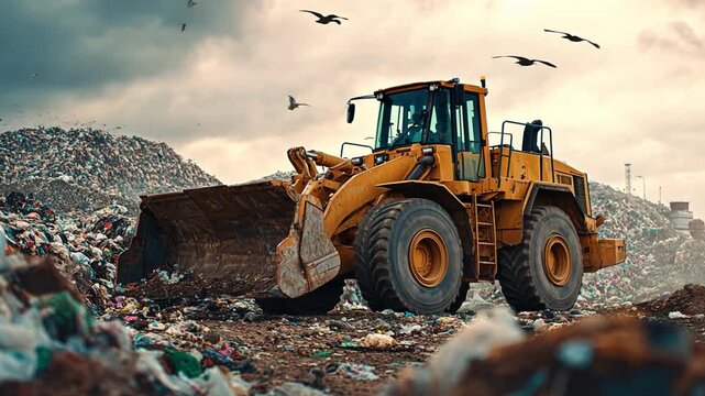 Bulldozer at Work: A yellow bulldozer tackles a vast landfill, the harsh environment depicted through photorealistic tones as birds soar overhead, highlighting the scale of the issue.