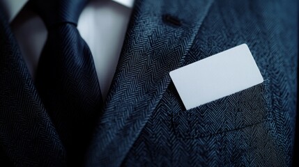 Business suit with blank name card tucked into pocket, ready for a formal event or meeting at an upscale venue