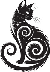 Elegant black cat with ornate swirls and jeweled collar stylized illustration