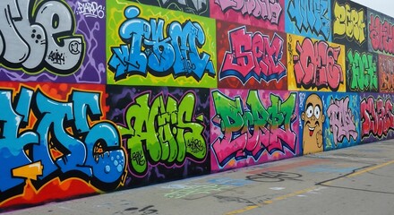 Obraz premium Colorful Graffiti Art Mural on a Concrete Wall with Diverse Styles