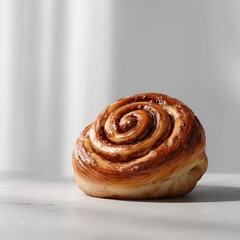 Fototapeta premium Delicious spiral-shaped cinnamon bun pastry roll with a touch of glaze, fresh, warm and sweet
