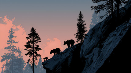 Bears Walking Along Rocky Cliff at Dusk with Forest Silhouette