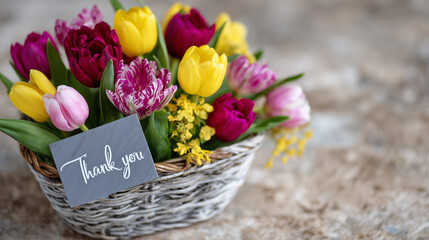 Obraz premium Tulip bouquet featuring red, pink, yellow flowers arranged in a woven basket, with neatly written thank you message on gray card, all placed on smooth beige surface that enhances s