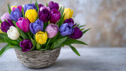 Obraz premium Bright bouquet of tulips bursting with vivid colors sits inside handwoven basket, gray cardstock thank you note placed visibly among blooms, subtle beige background creates calm, n
