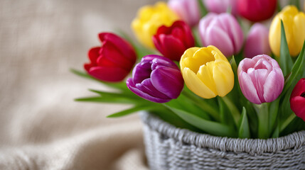 Close-up of multicolored tulips arranged elegantly in woven basket, simple gray thank you card resting on top, set against warm beige backdrop that highlights the rich reds, yellow