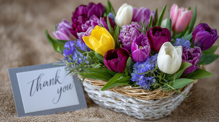 Obraz premium Fresh tulip bouquet in colorful shades nestled in a straw basket, accompanied by a gray thank you card with elegant script, simple beige backdrop focusing attention on vibrant peta