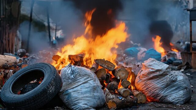 Inferno's Fury: A massive pyre blazes fiercely, the scene of an untamed fire consuming discarded refuse with intense heat. 