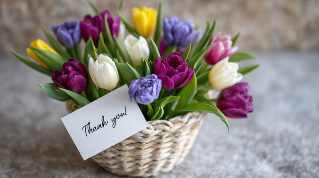 Colorful tulips bursting from handwoven basket with thank you card on soft gray paper nestled within, muted beige background emphasizing natural elements and warm, heartfelt gratit