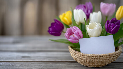 Obraz premium Tulips in bright, fresh bouquet sit in handwoven basket, thank you note on textured gray cardstock resting gently among blooms, simple beige backdrop accentuating color contrast an