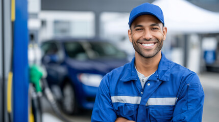 Close-up of man in neat blue uniform at green gas station pump, friendly smile and relaxed posture, with blue car sheltered under white tent in background, suggesting attentive cus