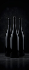 A captivating studio shot featuring three sleek black wine or liquor bottles, arranged in a triangular formation against a dark, moody background. The bottles are matte black with no visible labels, c