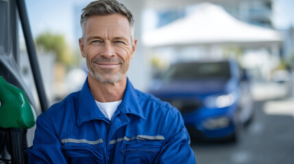Man in blue uniform holding fuel nozzle at green gas pump, calm confident smile directed at camera, blue vehicle parked in shade under white tent in background, sunny day illuminat