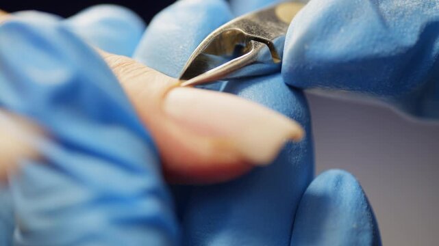 Close-up of cutting cuticles with manicure nippers. High quality 4k footage