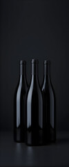 Three elegant, matte black wine bottles arranged in a minimalistic composition against a dark gradient background. The bottles are unlabelled, reflecting soft studio lighting with smooth, glossy highl