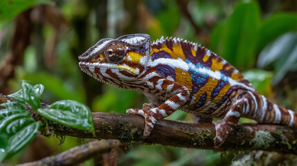 Obraz premium Colorful chameleon featuring vivid orange and white markings sits on thick brown branch, its head facing left observing a green leaf that merges with the surrounding forestâs vibra
