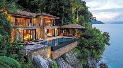 Fototapeta premium Cliffside luxury villa with pool overlooking ocean surrounded by lush greenery