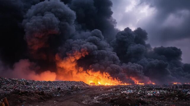 Inferno of Destruction: A towering plume of ominous black smoke billows into the stormy sky above a raging fire, creating a dramatic tableau of disaster and environmental devastation. 