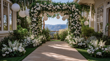 Sunlight filters through tall hedges and hanging garlands, highlighting an intricately decorated wedding arch of roses, lilies, and white balloons, romantic and airy setting for ou