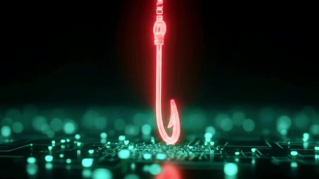 Neon fishing hook emerging from a digital landscape, symbolizing technology's lure in cyberspace