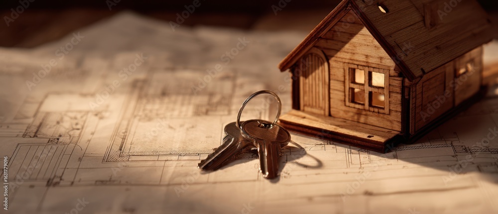 Poster the house model with keys resting on architectural blueprints.
