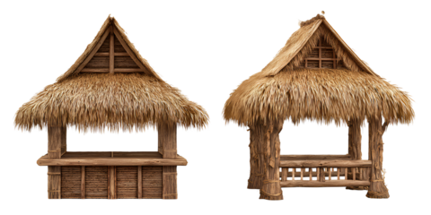 3D realistic render of a tiki bar with a thatched roof, front view and side view on a transparent background PNG