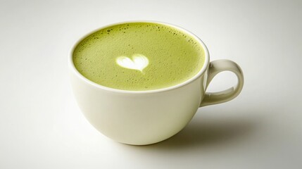 Creamy green tea latte topped with heart-shaped foam in a white cup on a simple background