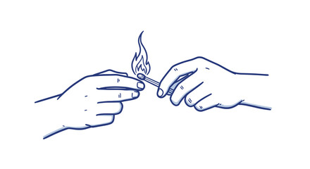 Obraz premium Two hands striking a match to create a flame in simple outline. hand striking a match
