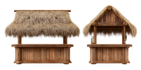 Two realistic wooden tiki bars with thatched roofs, front view and side view
