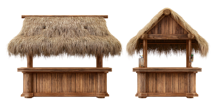 Two realistic wooden tiki bars with thatched roofs, front view and side view