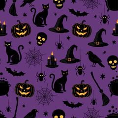A seamless Halloween pattern features classic spooky icons like black cats, jack-o'-lanterns, witch hats, and skulls on a purple background.