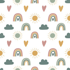 A cute seamless pattern in a boho style features hand-drawn rainbows, suns, clouds, and hearts in a muted, earthy color palette.