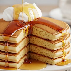 Stack of golden pancakes drizzled with syrup and whipped cream.