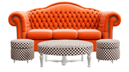 Bright orange sofa with checkered ottomans and round table