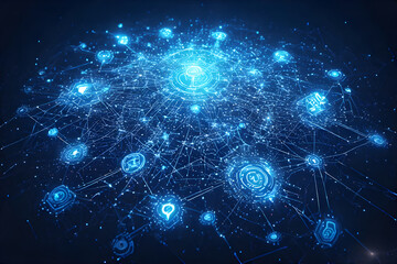 Fototapeta premium Futuristic AI and robotics technology, glowing blue neural networks, digital transformation concept