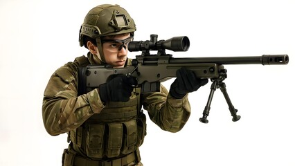 Fototapeta premium Photorealistic Soldier with Accuracy International AWM Rifle on White Background