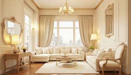 Fototapeta premium Elegant living room interior with plush cream sofas, ornate details. Large window offers city views, complemented by decorative moldings, vintage chandelier. Furnishings include gold-trimmed mirror,