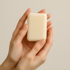 Soft Hands Holding a Rectangular Bar of Creamy Soap Clean Skincare Product