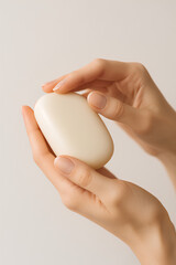 Close up of Female Hands Gently Holding a Creamy Oval Bar of Soap